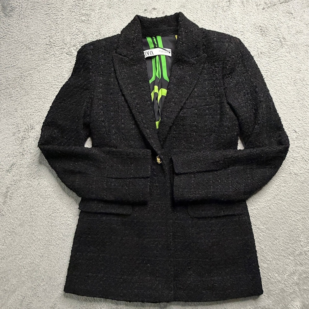 Zara Black Textured Tweed Blazer Jacket Gold Button Neon Lining Womens Small